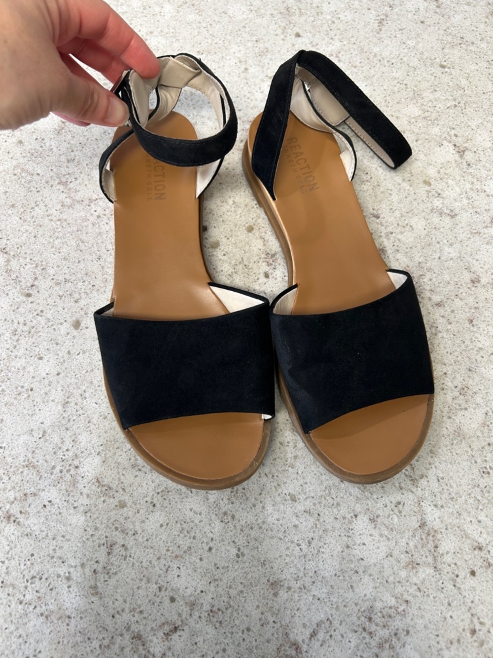 Kenneth Cole Reaction Black Suede Ankle-Strap Flat Sandals